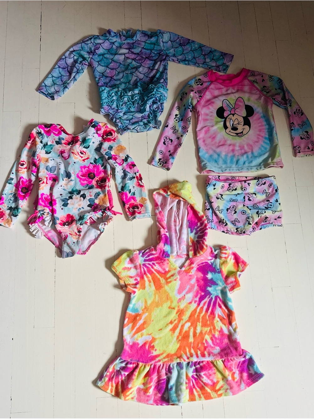 2t/3t Girls Mixed Swim & Cover-Up Bundle - Tie-Dye, Floral, Mermaid, Minnie